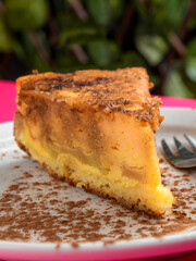 Delicious slice of apple cake with cinnamon dusting on a white plate