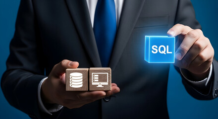A business professional illustrates data management concepts with wooden blocks and a glowing SQL cube.