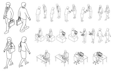 アイソメトリックイラスト：スーツ男女冬服アウトライン２(モノクロ)