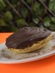 Chocolate-Covered Dessert on a White Plate with Cocoa Dust