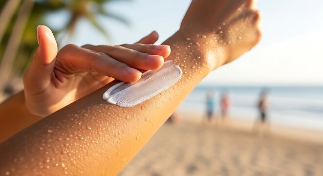 Applying Sunscreen on a Sun-Kissed Beach: Close-Up of a Hand Rubbing Sunscreen Cream onto Glowing Skin, Surrounded by Soft Ocean Waves and Palm Trees for Summer Skincare and Wellness Promotion
