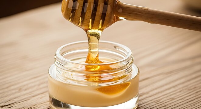 Delicious Organic Honey Dripping from a Wooden Dipper into a Clear Glass Jar on a Rustic Wooden Table - Perfect for Culinary Delights, Natural Remedies, and Gourmet Recipes