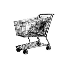 Engraving style illustration of a metal shopping cart in black and white on transparent background – Retail vector for e-commerce infographics, supermarket branding, and consumer behavior studies
