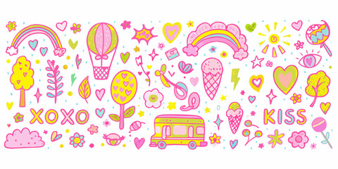 Whimsical doodle collection featuring rainbows hearts and sweet treats
