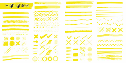 Collection of yellow highlighter brush strokes and marks