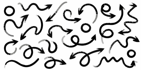 Collection of hand drawn black arrows and circles with textured brush strokes