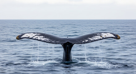 Humpback whale tail fluke diving into the ocean water surface, majestic wildlife