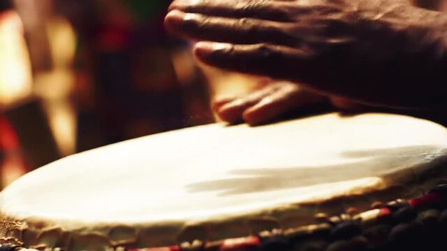 Hands rhythmically play African djembe drum in vibrant cultural music performance