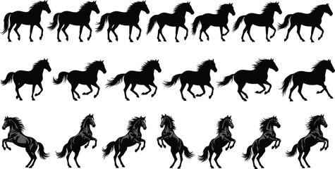 Horse silhouette illustration, galloping horse vector, running horse art, wild stallion design, equestrian graphic, black horse clipart, animal movement, rearing horse drawing