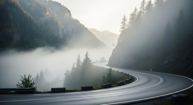 A Serpentine Mountain Road Disappearing into Ethereal Morning Valley Fog - Powered by Adobe