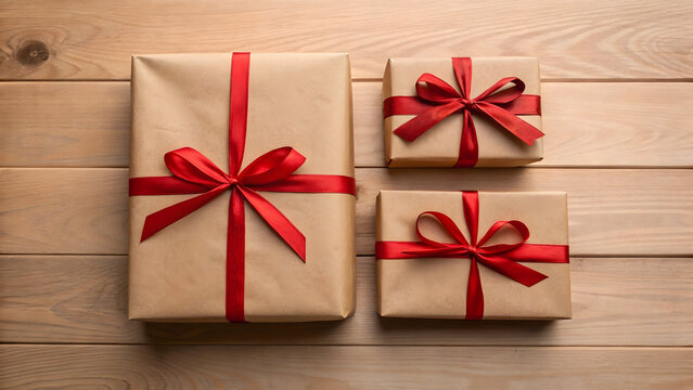 Three brown paper gift boxes with red ribbon bows arranged on a wooden surface full hd 4k stock image download