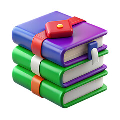 Stack of three 3D books with colorful bands and a bookmark purple green