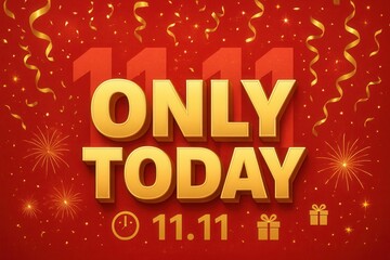Festive promotional design featuring large gold text "ONLY TODAY" with the date "11.11" on a red background adorned with golden ribbons and fireworks, signifying a special sales event.