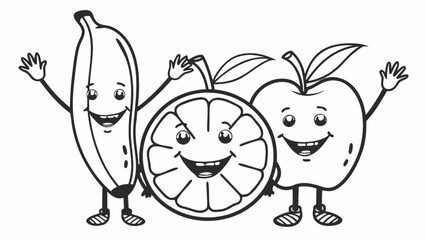 Cheerful fruit friends waving hello, ready for fun and healthy eating, happy cartoon characters