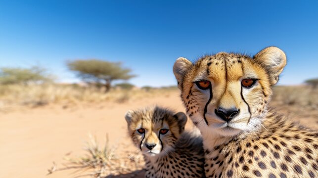 Cute nature scene of a cheetah and is cub on the savannah, touching wildlife conervation image,