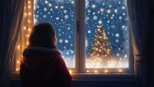 A back view of a girl looking out a window at a snowy night with falling snowflakes and a decorated christmas tree in the background. Christmas atmosphere - Powered by Adobe