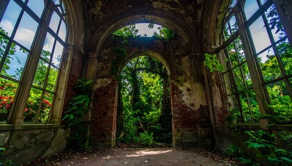 Ruined greenhouse overgrown with vegetation