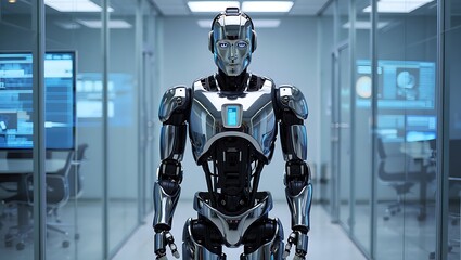 A sleek silver and black humanoid robot with glowing blue eyes stands in a futuristic, glass-walled office environment.