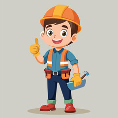 Cartoon Construction Worker Ready to Build Holding a Hammer, Tool Belt, Wearing Yellow Hard Hat and Orange Safety Vest