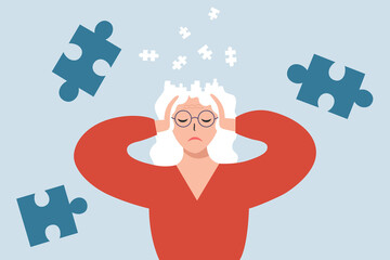 Frustrated elderly woman suffers from migraine, memory loss, dementia.