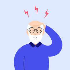 Aged man with pain in the head, depression and stress.