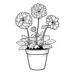 Elegant decorative pot illustration with blooming flowers and foliage in monochrome, suitable for botanical prints, invitations, and adult coloring projects.