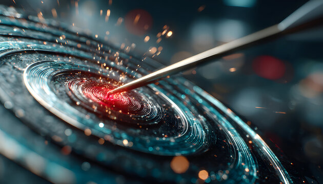 Arrow hits digital target bullseye. Futuristic tech design, represents success, achievement. Precision, accuracy, strategy, goal visualization, data, information, aim. Technology, business,