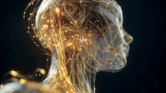 Cinematic view of a translucent, glowing android formed from liquid crystal, with streams of golden light and flowing data visible through its neural pathways, creating an elegant futuristic sci-fi ae