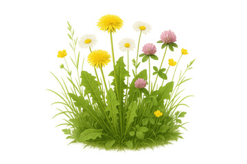 Wildflowers and grass growing in a transparent background