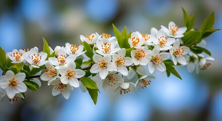 Close up of a blossoming cherry branch with white flowers in spring creates a beautiful and fresh scene