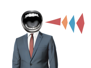 Man wearing business suit with an opened screaming mouth. Modern photo collage style. Illustration on transparent background