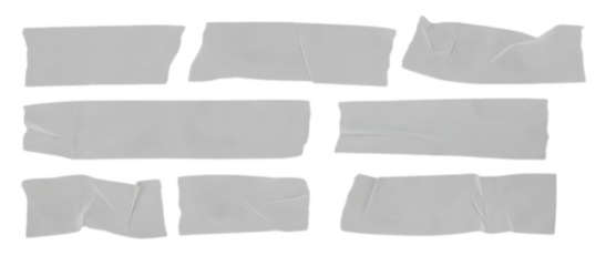 Set of gray masking tape pieces isolated on transparent background. Torn paper tape strips with wrinkled texture and rough edges. Realistic adhesive elements for mockup, labels, scrapbooking, or graph