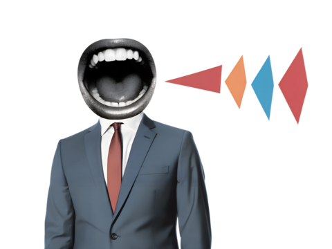 Man wearing business suit with an opened screaming mouth. Modern photo collage style. Illustration on transparent background
