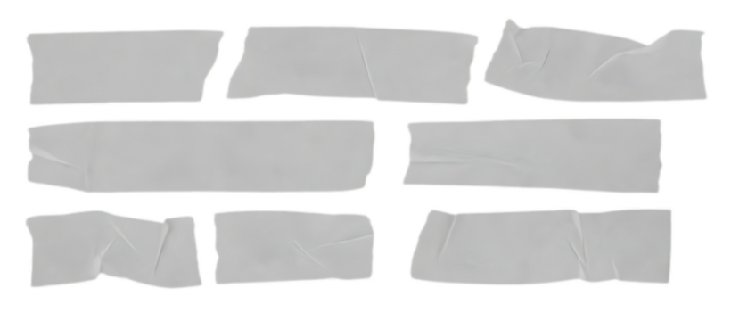 Set of gray masking tape pieces isolated on transparent background. Torn paper tape strips with wrinkled texture and rough edges. Realistic adhesive elements for mockup, labels, scrapbooking, or graph