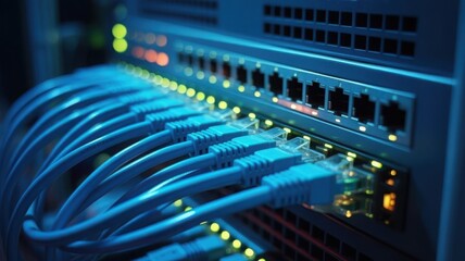 Illuminated Network Switch with Ethernet Cables Providing Connectivity for Data Transmission