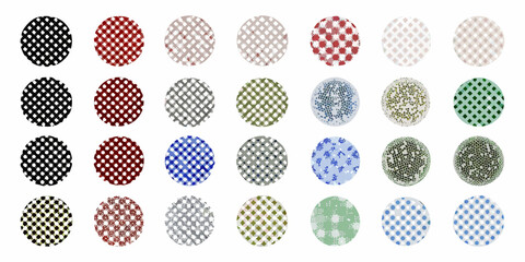Collection of circular fabric patterns in various colors and designs