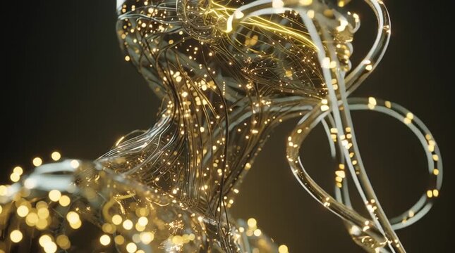 Cinematic view of a translucent, glowing android formed from liquid crystal, with streams of golden light and flowing data visible through its neural pathways, creating an elegant futuristic sci-fi ae