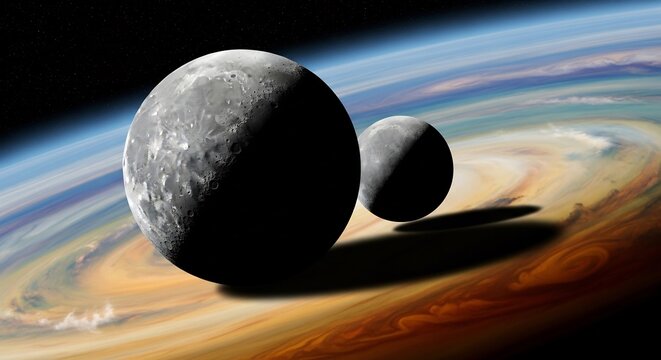 Cosmic Ballet: Two Cratered Moons Casting Shadows on a Swirling Gas Giant