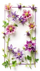 Floral frame arrangement featuring columbine flowers in shades of purple and pink