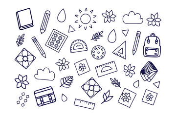 School Time Stationery: Playful arrangement of essential school supplies like pens, pencils, and notebooks. Whimsical illustrated array of learning, creativity and education.