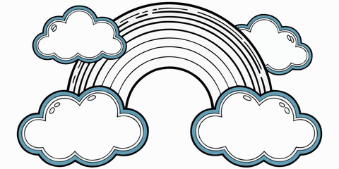 Black and White Rainbow with Blue Outlined Clouds Vector Illustration for Coloring Book Pages and Childrens Designs