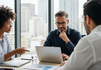 Fototapeta premium A diverse team of three professionals, two men and one woman, engage in a focused discussion around a laptop and documents during a meeting in a modern office with a city view