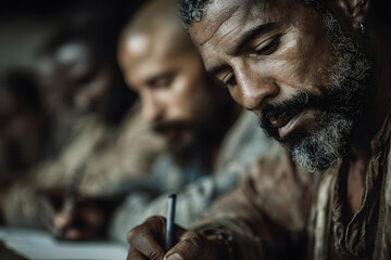 Three adult men sitting at table writing on paper during educational class in prison setting, focusing on learning and completing assignments