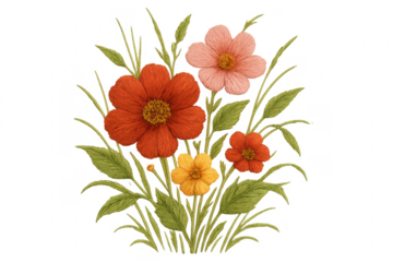 Colorful embroidered flowers and leaves creating a beautiful bouquet on transparent background