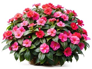 Beautiful potted impatiens overflowing with vibrant pink and red flowers, a splash of color