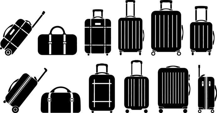 Travel luggage and suitcase black silhouette icon set isolated on white background