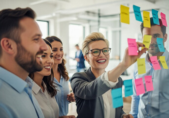 Creative business team brainstorming ideas using sticky notes on a glass wall in a modern office, fostering collaboration and innovation for project success