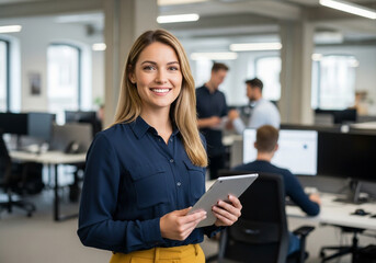 Confident businesswoman smiling and holding a tablet in a modern office with colleagues working in the background