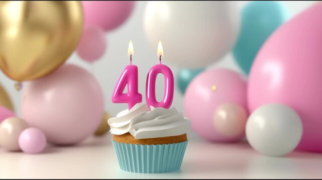 Decorated cupcake with pink number 40 candles sits in front of colorful balloons. The scene is festive and celebratory, perfect for birthday party.