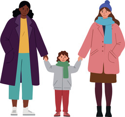 Fototapeta premium Diverse family holding hands wearing winter coats scarves and hats vector illustration 